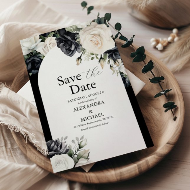 Elegante Schwarz-Weiß-Blütenhochzeit Save The Date (Von Creator hochgeladen)