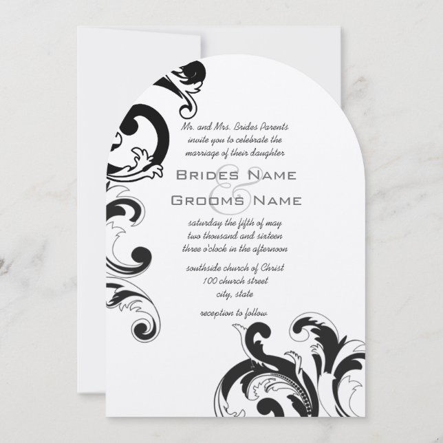 Elegante Schwarz-Weiß-Damaskus-Hochzeit Einladung (Rückseite)