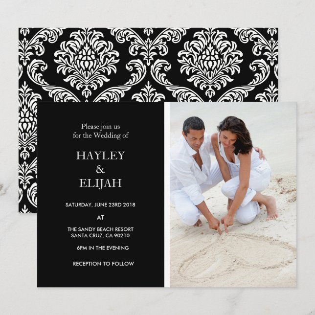 Elegante Schwarz-Weiß-Damaskus-Hochzeit Einladung (Vorne/Hinten)