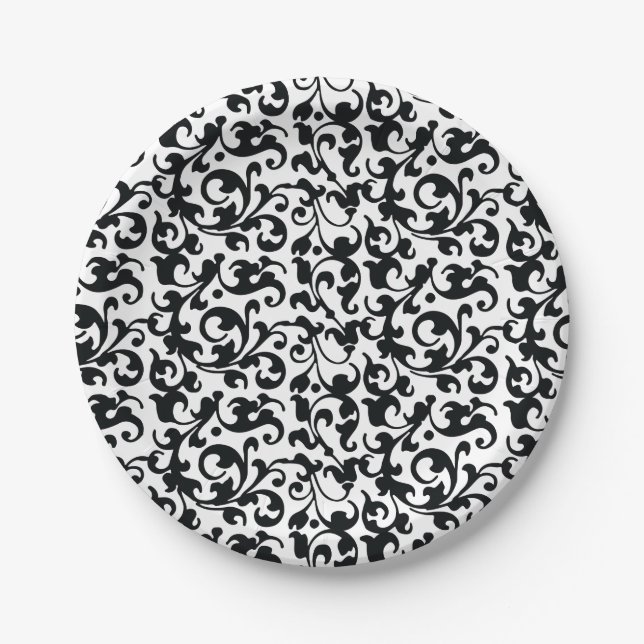 Elegante Schwarz-Weiß-Damaskus-Wirbel Pappteller (Vorderseite)