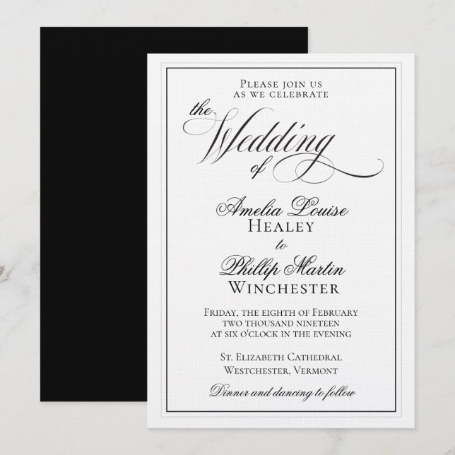 Elegante Schwarz-Weiß-Einladung zur Hochzeit Einladung (Vorne/Hinten)