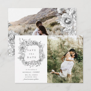 Elegante Schwarz-Weiß-Floral-Foto-Save-the-Date-Ka Einladung