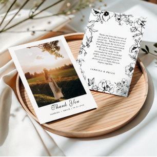 Elegante Schwarz-Weiß-Floral-Garten-Hochzeitsfoto Dankeskarte