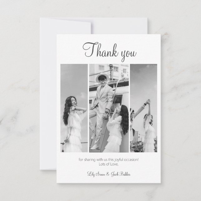 Elegante Schwarz & Weiß Foto Collage Hochzeit Dankeskarte (Vorderseite)
