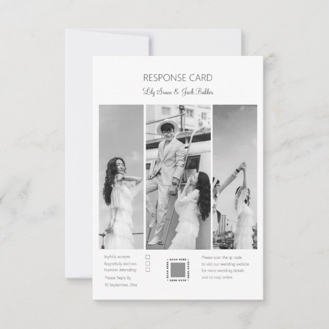 Elegante Schwarz & Weiß Foto Collage Hochzeit RSVP Karte (Vorderseite)