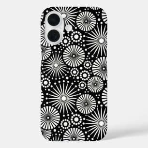 Elegante Schwarz-Weiß-Geometrische Blumen-Sonnenst iPhone 16 Hülle