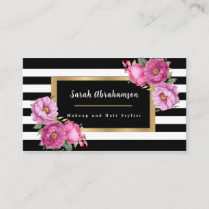 Elegante Schwarz-Weiß gestreifte Floral Visitenkarte