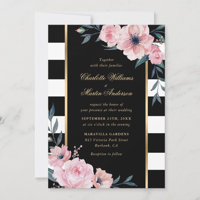 Elegante, Schwarz-weiß gestreifte Rosa-Blütenhochz Einladung (Vorderseite)