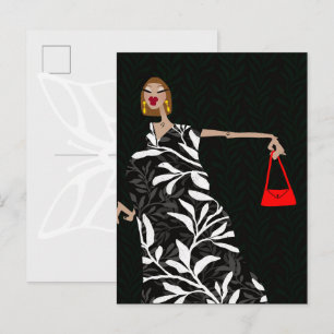 Elegante Schwarz-Weiß-Glamour-Modekunst-Postkarte Postkarte