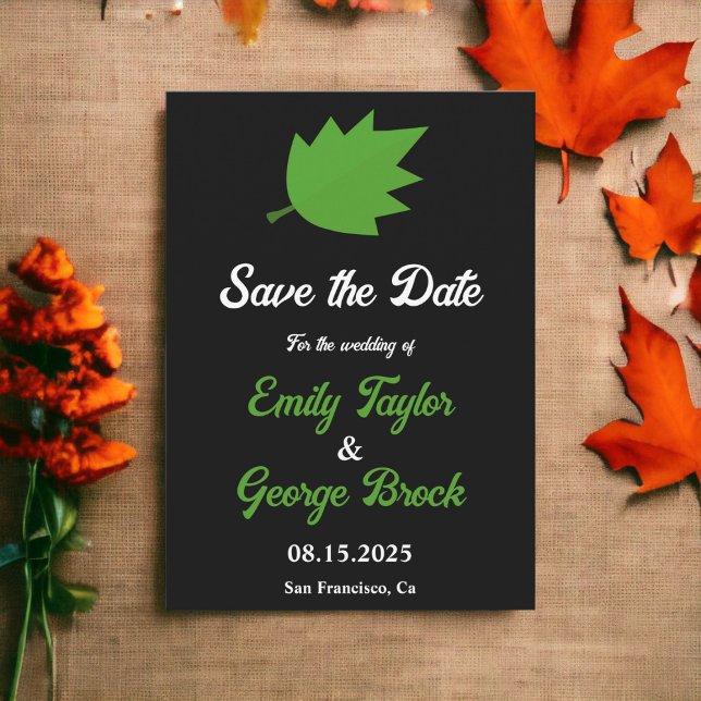 Elegante Schwarz-Weiß-Grün-Blätter Hochzeit im Her Save The Date (Von Creator hochgeladen)