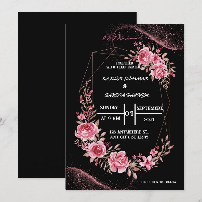 Elegante Schwarz-Weiß-Hochzeit Einladung (Vorne/Hinten)