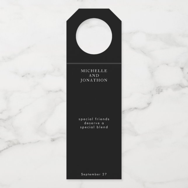 Elegante Schwarz-Weiß-Hochzeit Flaschenanhänger (Vorderseite)