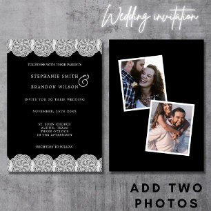 Elegante Schwarz-Weiß-Hochzeit mit 2 Fotos und Spi Einladung