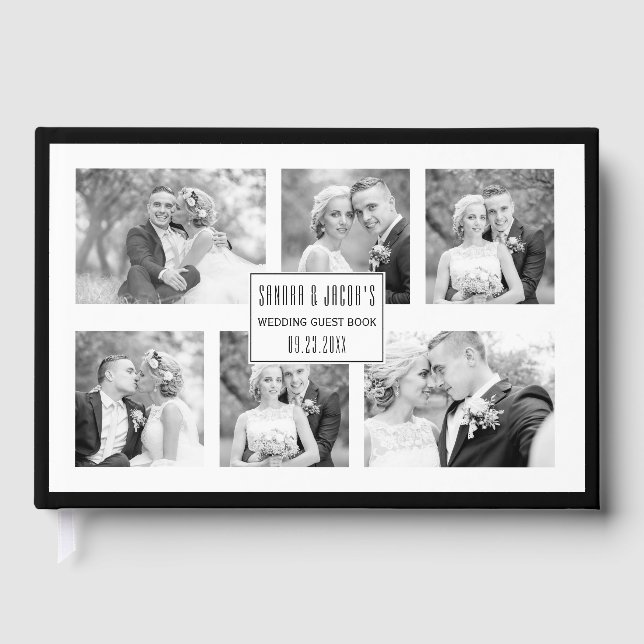Elegante Schwarz-Weiß-Hochzeit mit sechs Fotos Gästebuch (Vorderseite)