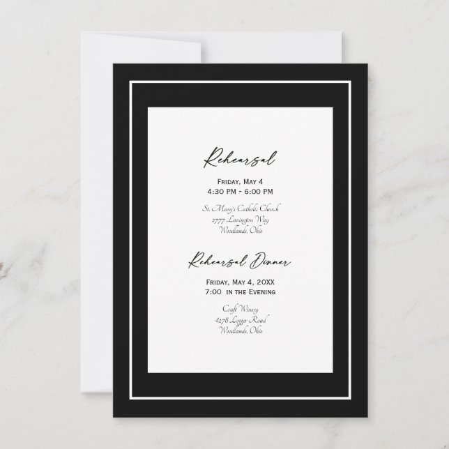 Elegante Schwarz-Weiß-Hochzeit-Probe Einladung (Vorderseite)
