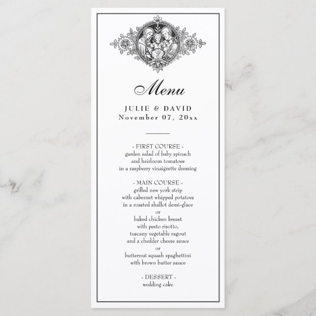 Elegante Schwarz-Weiß-Hochzeit religiös Menükarte (Vorderseite)