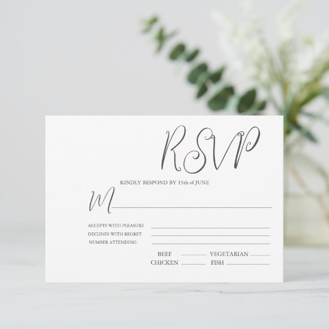 Elegante Schwarz-Weiß-Hochzeit RSVP Karte (Stehend Vorderseite)