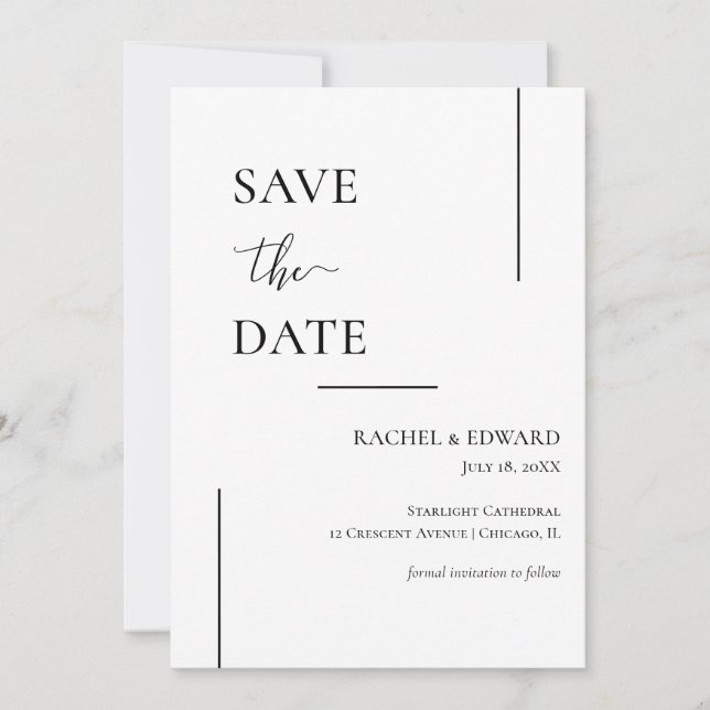 Elegante Schwarz-Weiß-Hochzeit speichert das Datum Save The Date (Vorderseite)