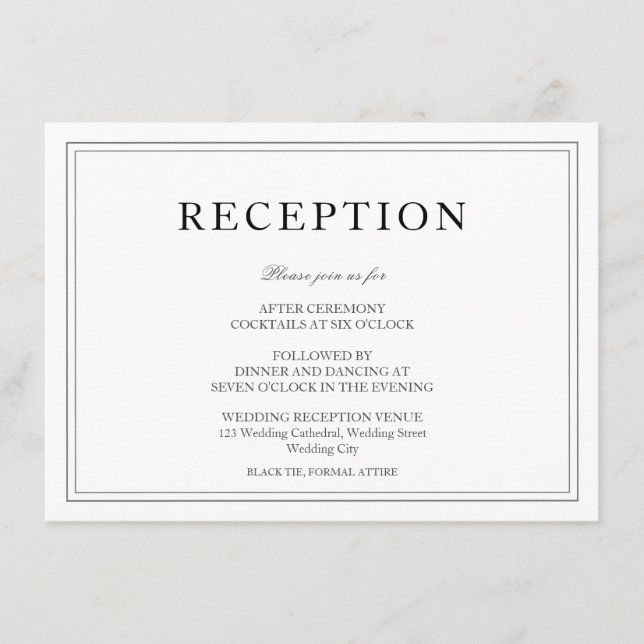 Elegante Schwarz-Weiß-Hochzeitsempfehlung Begleitkarte (Vorderseite)