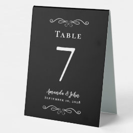 Elegante Schwarz-Weiß-Hochzeitskalligraphie Tischaufsteller
