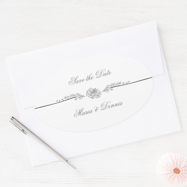 Elegante Schwarz-Weiß-Hochzeitsplatten Ovaler Aufkleber (Umschlag)