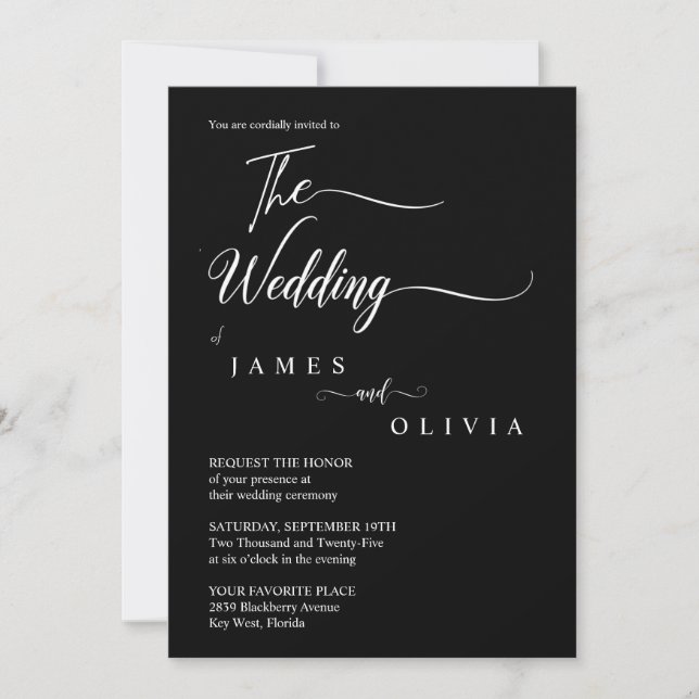 Elegante Schwarz-Weiß-Kalligrafie-Hochzeit Einladung (Vorderseite)