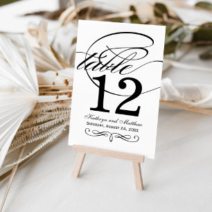 Elegante Schwarz-Weiß-Kalligrafie-Monogramm-Hochze Tischnummer