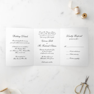Elegante Schwarz-Weiß-Kalligraphie-Hochzeit Dreifach Gefaltete Einladung