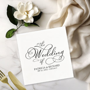 Elegante Schwarz-Weiß-Kalligraphie-Hochzeit Serviette