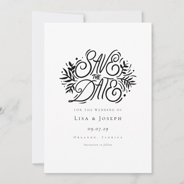 Elegante Schwarz-Weiß-Kalligraphie Save the Date Einladung (Vorderseite)