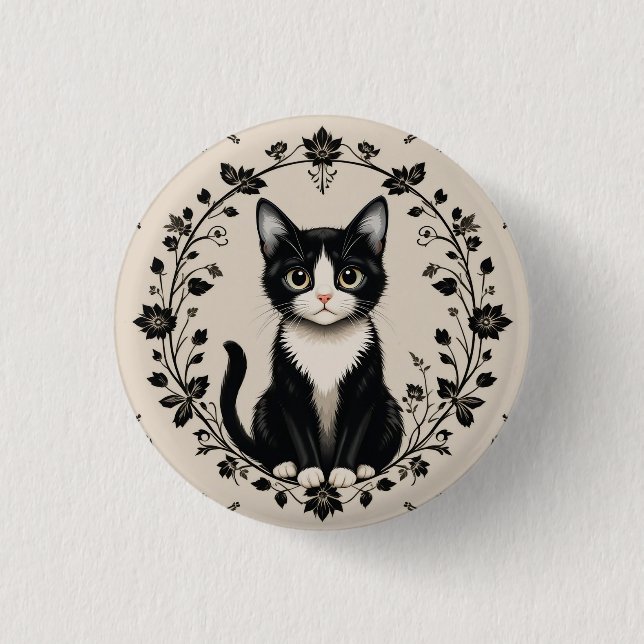 Elegante Schwarz-Weiß-Katze Button (Vorderseite)