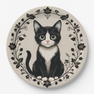 Elegante Schwarz-Weiß-Katze Pappteller
