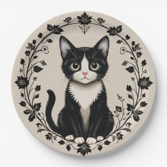Elegante Schwarz-Weiß-Katze Pappteller (Vorderseite)