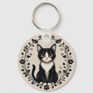 Elegante Schwarz-Weiß-Katze Schlüsselanhänger