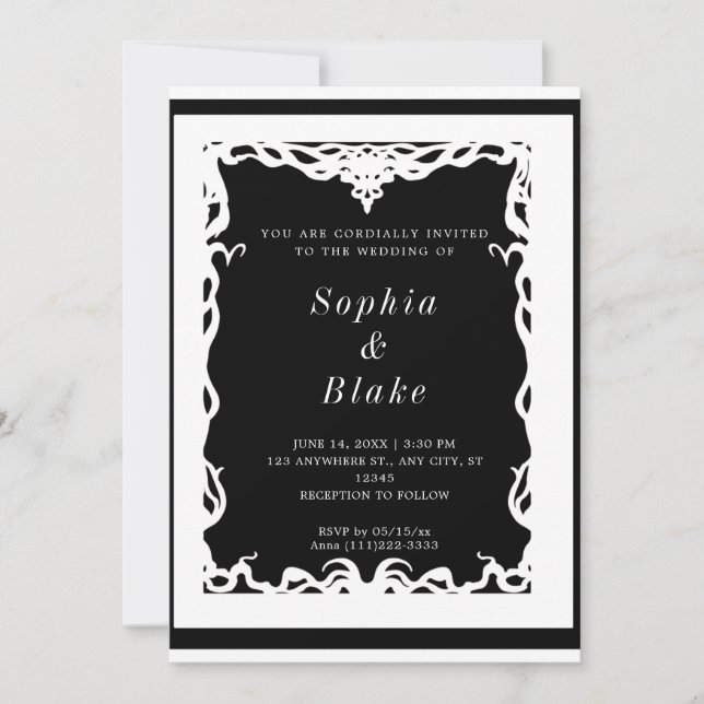 Elegante Schwarz-Weiß-Kunst-Déco Hochzeit Einladung (Vorderseite)