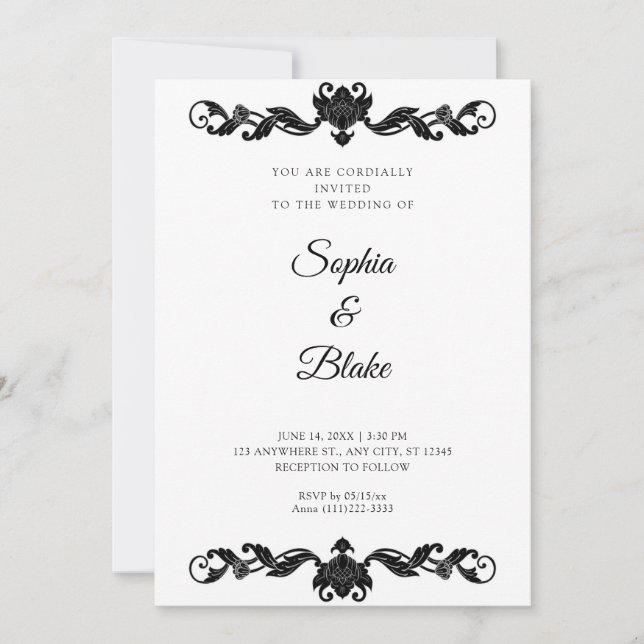 Elegante Schwarz-Weiß-Kunst-Déco Hochzeit Einladung (Vorderseite)