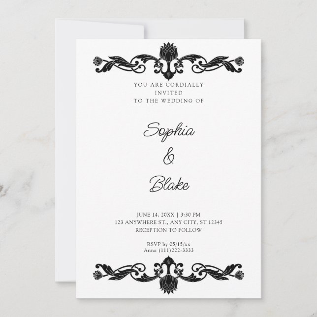 Elegante Schwarz-Weiß-Kunst-Déco Hochzeit Einladung (Vorderseite)