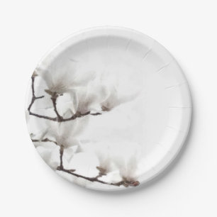 Elegante Schwarz-Weiß-Magnolia Wasserfarbe Pappteller