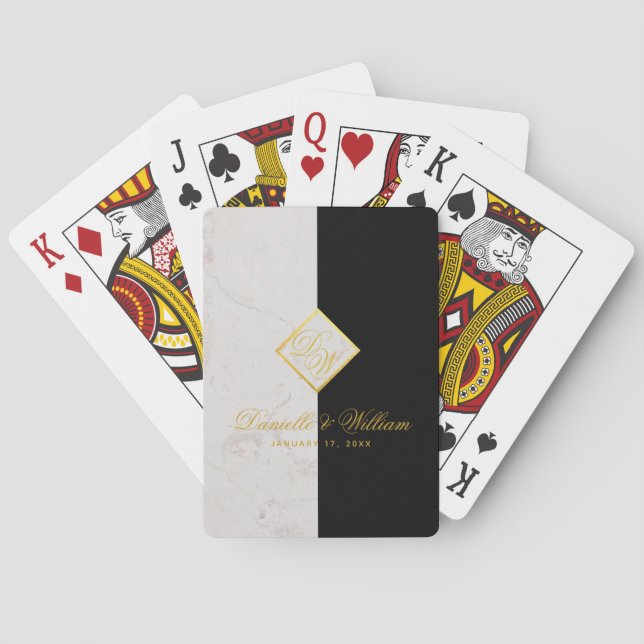 Elegante Schwarz-weiß-Marmormongram-GoldWedding Spielkarten (Rückseite)