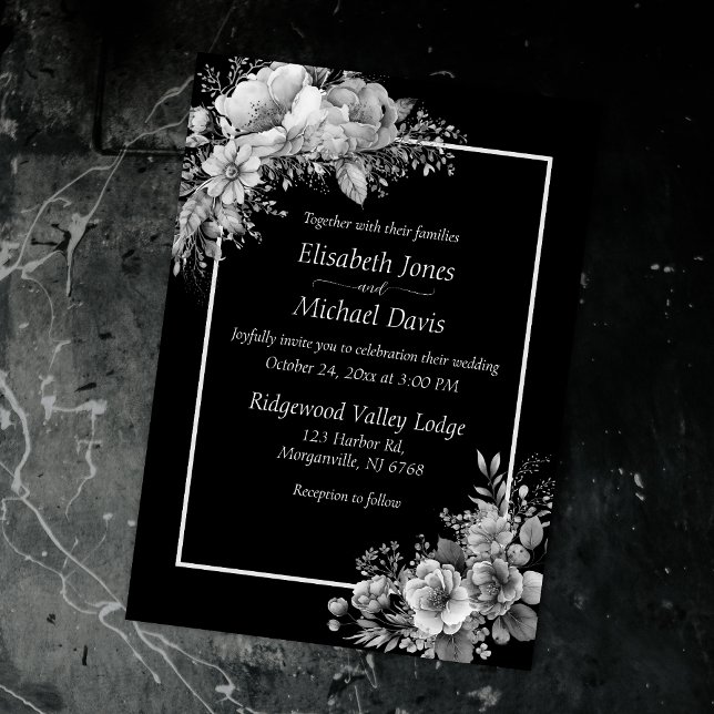 Elegante Schwarz-Weiß-Moderne Gotische Hochzeit Einladung (Monochromatic palette embodies mystery & sophistication for your Gothic Halloween wedding.)