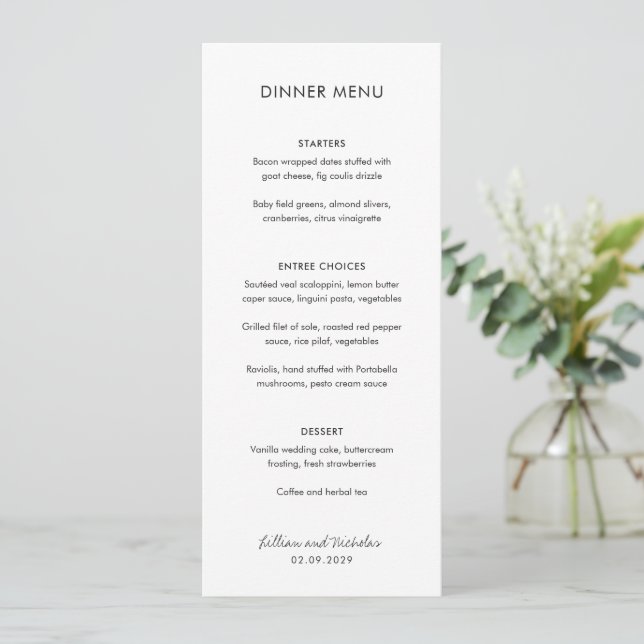 Elegante Schwarz-Weiß-Moderne Hochzeit Menükarte (Stehend Vorderseite)