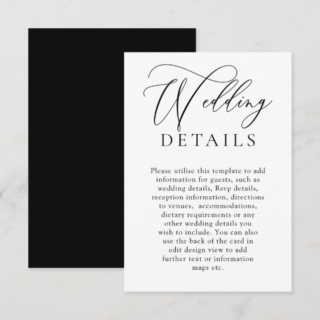 Elegante Schwarz-Weiß-Moderne Hochzeitsdetails Begleitkarte (Vorne/Hinten)