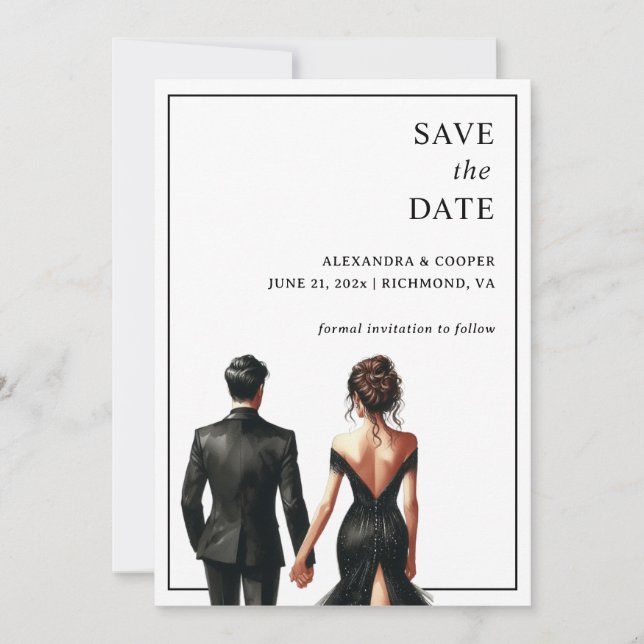 Elegante Schwarz-Weiß-Moderne Save the Date Einladung (Vorderseite)