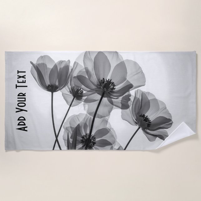 Elegante Schwarz-Weiß-Mohn-Blume Strandtuch (Vorderseite)