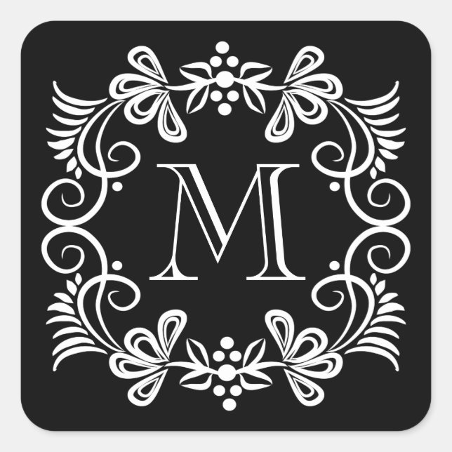 Elegante Schwarz-Weiß-Monogramm-Aufkleber Quadratischer Aufkleber (Vorderseite)