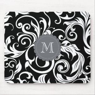 Elegante Schwarz-Weiß-Monogramm-Blumen-Tapete Mousepad