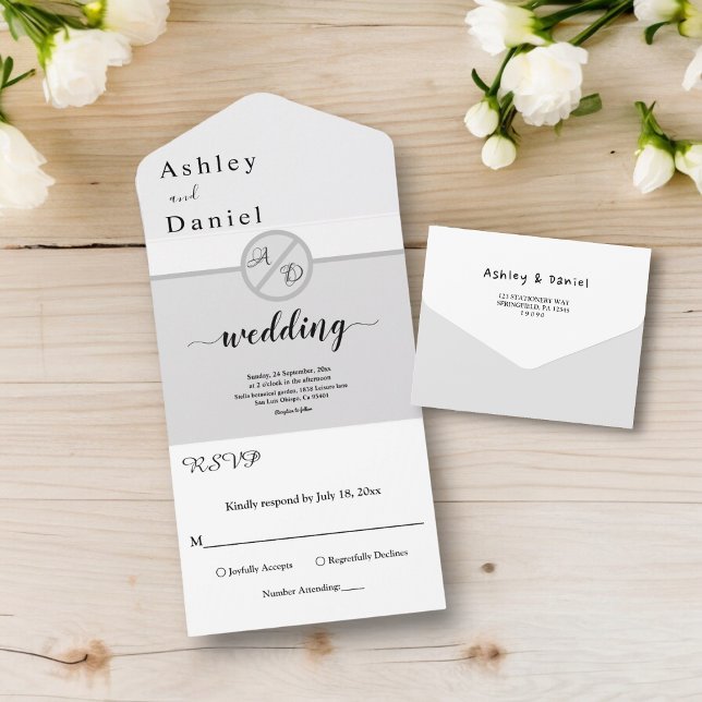 Elegante Schwarz-Weiß-Monogramm Grau-Chic Hochzeit All In One Einladung (Von Creator hochgeladen)