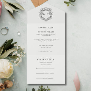 Elegante Schwarz-Weiß-Monogramm-Hochzeit All In One Einladung