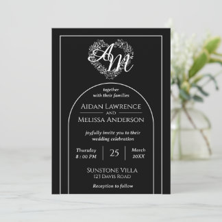 Elegante Schwarz-Weiß-Monogramm-Hochzeit Einladung