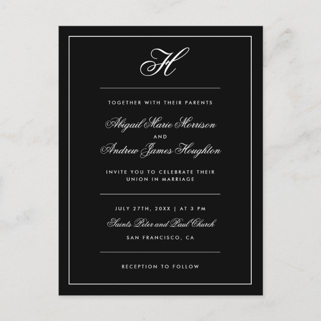Elegante Schwarz-Weiß-Monogramm-Hochzeit Einladungspostkarte (Vorderseite)